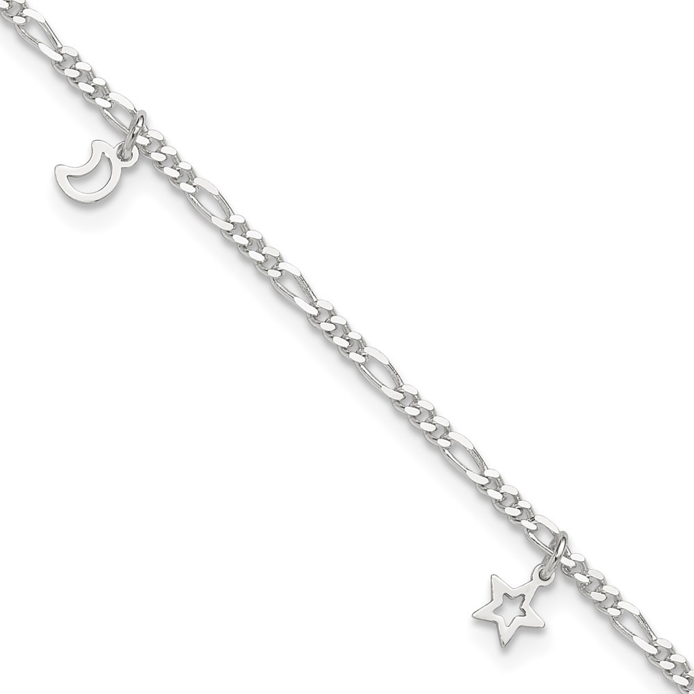 925 Sterling Silver Polished Star Charm and Moon 9" + 1" Ext. Jewelry Anklet